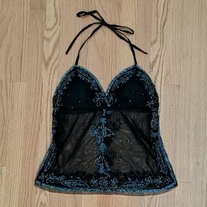 Fashion Nova Black Beaded Mesh Padded Halter Top